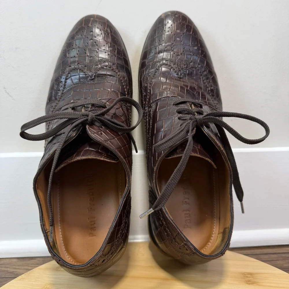 Paul Fredrick Wingtip Sneakers Mens 11 Brown Crocodile Embossed Leather Italy